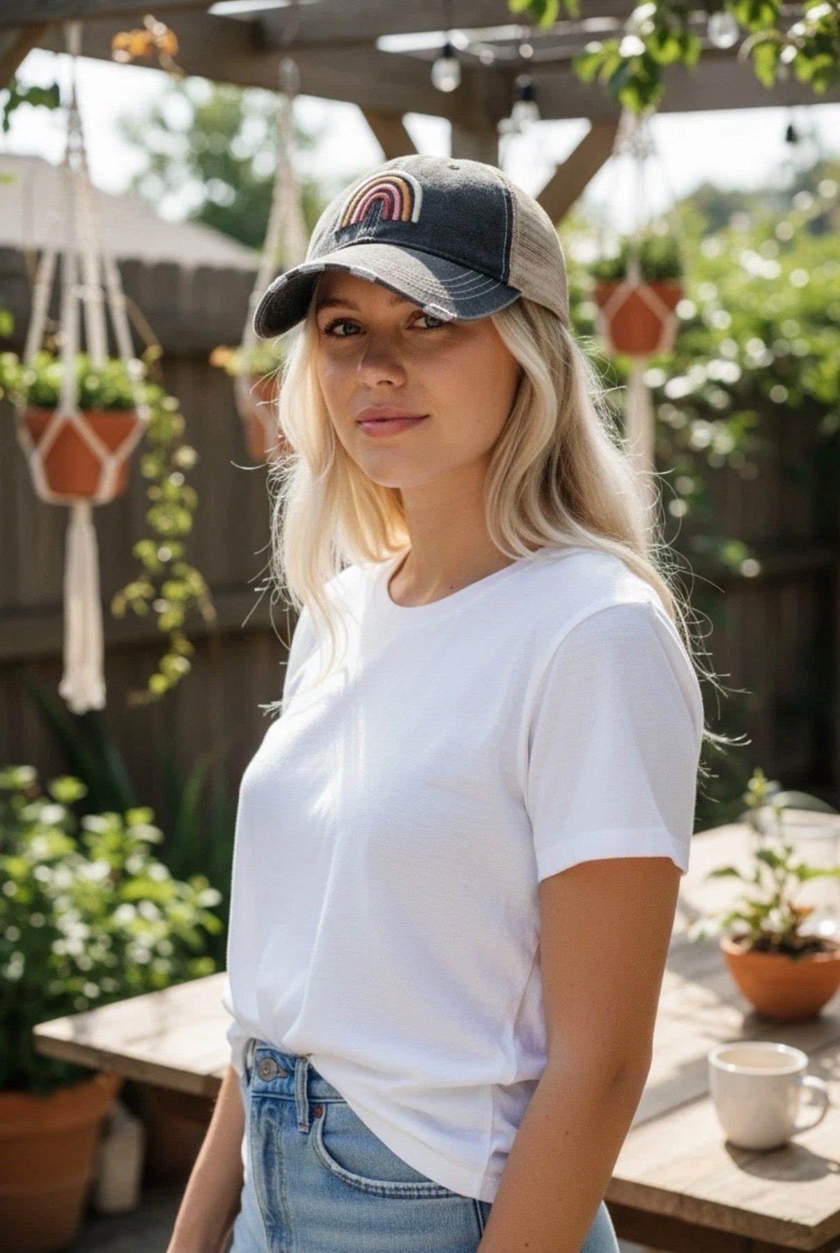 Distressed Black/White Trucker Hat Rainbow Adjustable SnapBack - Trucker Hats from LemonDrop•LimePop