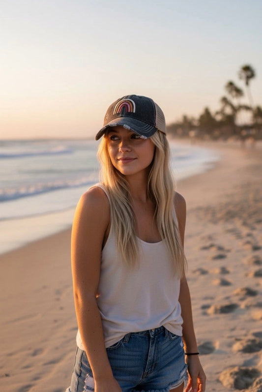 Distressed Black/White Trucker Hat Rainbow Adjustable SnapBack