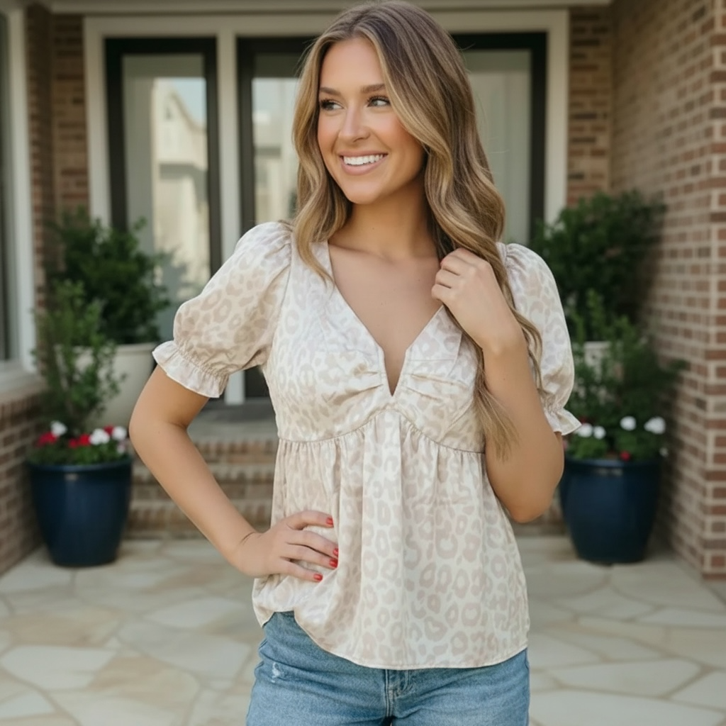 Satin Animal Print Puff Sleeve Babydoll Top