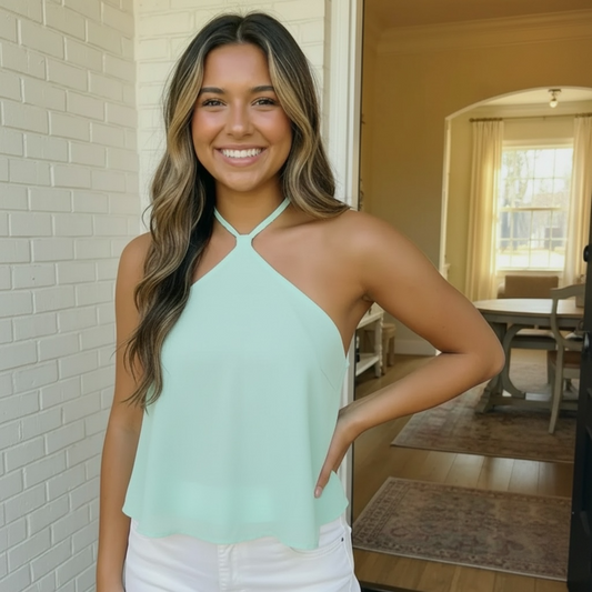 MINT SPAGHETTI STRAPS LINED CHIFFON TEXTURED TOP