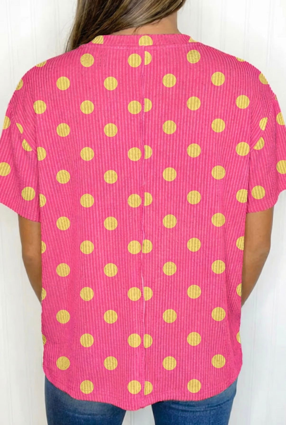 Pink Polka Dot Patch Pocket Twisted Ribbed Top