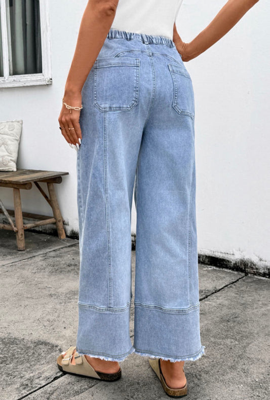 Beau Blue Drawstring Seam Detail Raw Hem Wide Leg Denim Pants - Jeans from LemonDrop•LimePop