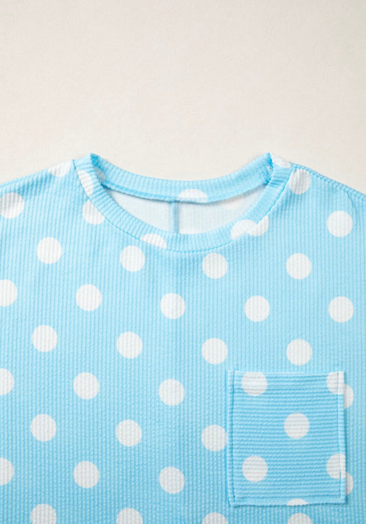 Sky Blue Polka Dot Patch Pocket Twisted Ribbed Oversized Top