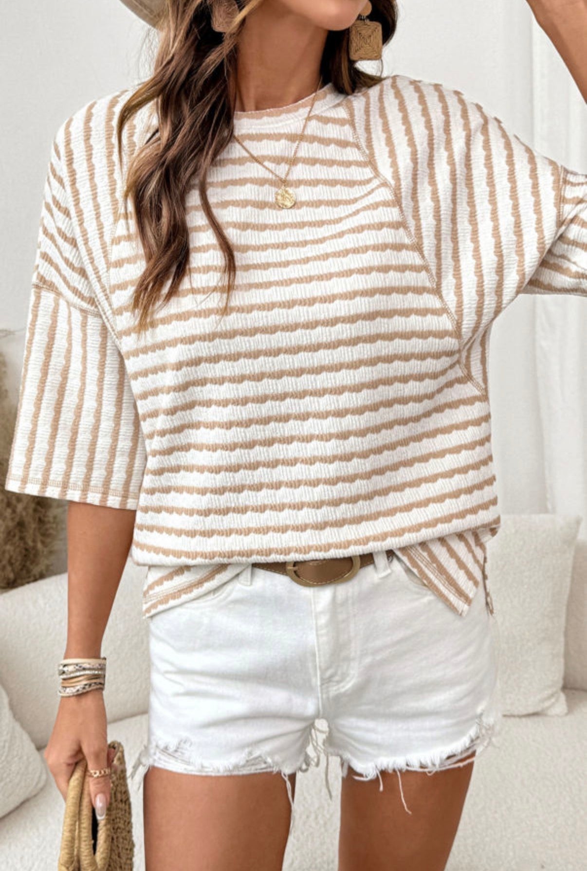 Noelle Textured Knit Top | Apricot Stripe Tee | Split Hem - T-Shirts from LemonDrop•LimePop