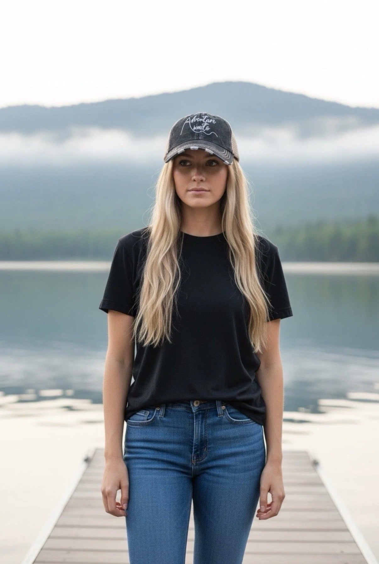 Distressed Black/White Trucker Hat “Adventure Awaits” Adjustable Snapback