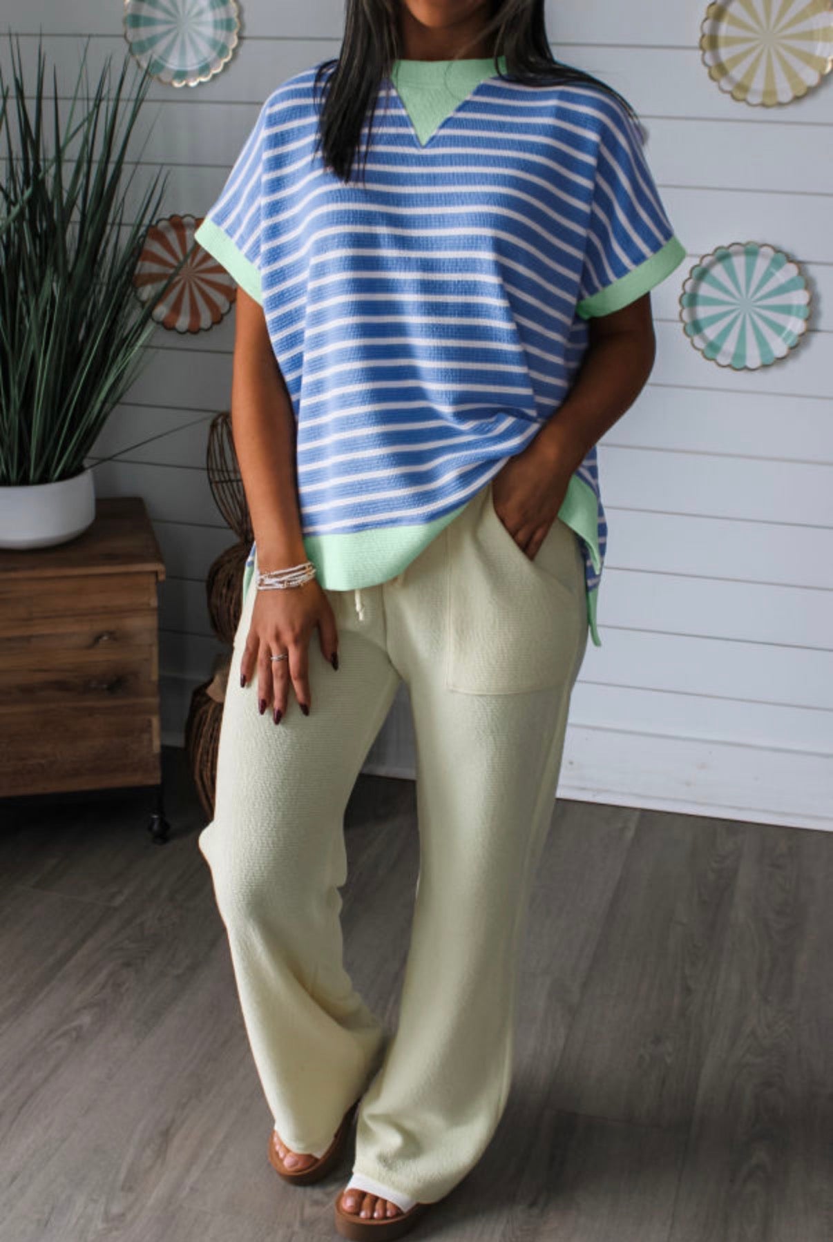 Blue Striped Contrast Trim Loose Short Sleeve Top - Clothing Tops from LemonDrop•LimePop
