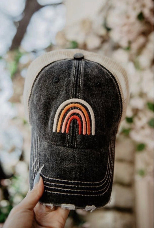 Distressed Black/White Trucker Hat Rainbow Adjustable SnapBack