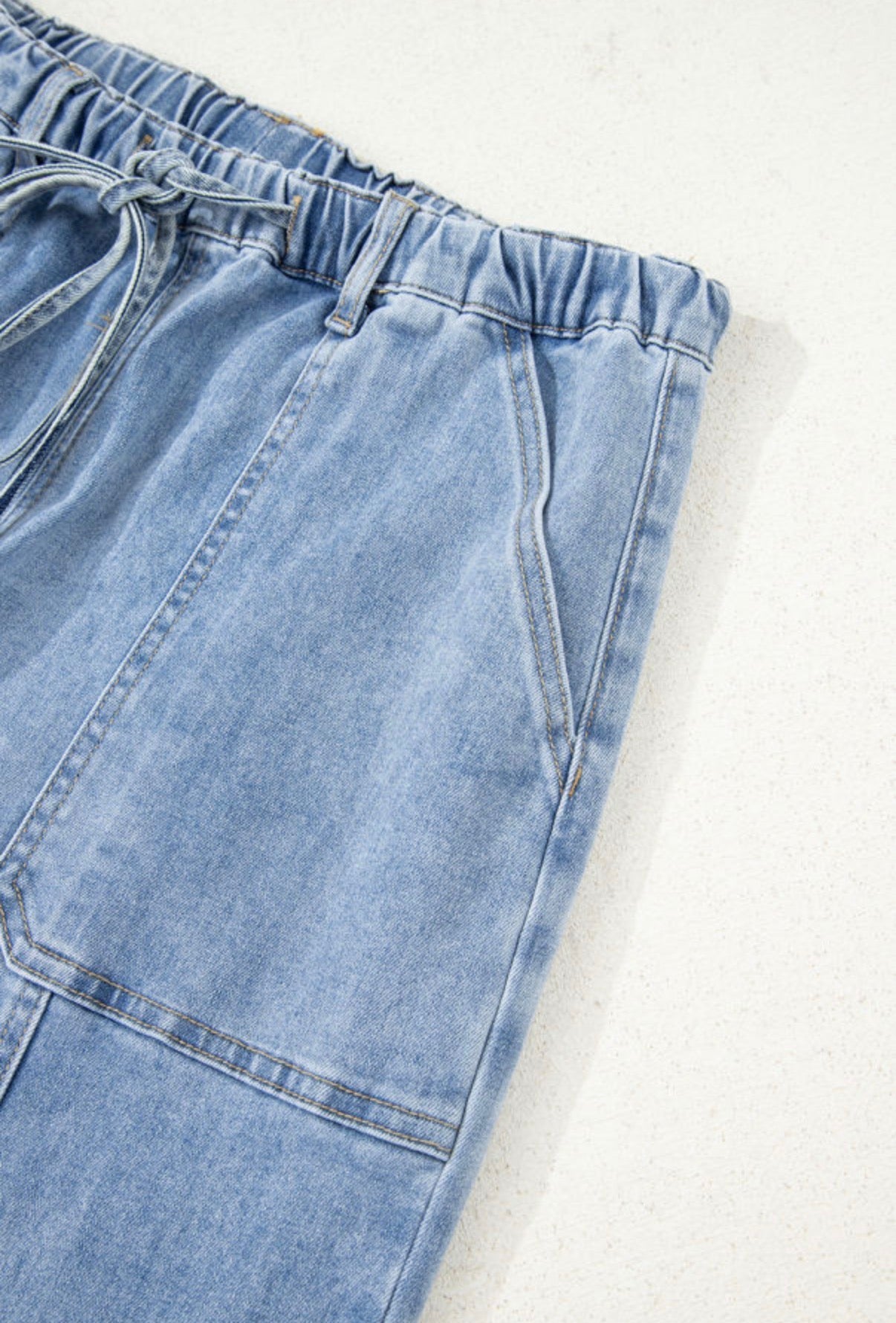 Beau Blue Drawstring Seam Detail Raw Hem Wide Leg Denim Pants - Jeans from LemonDrop•LimePop