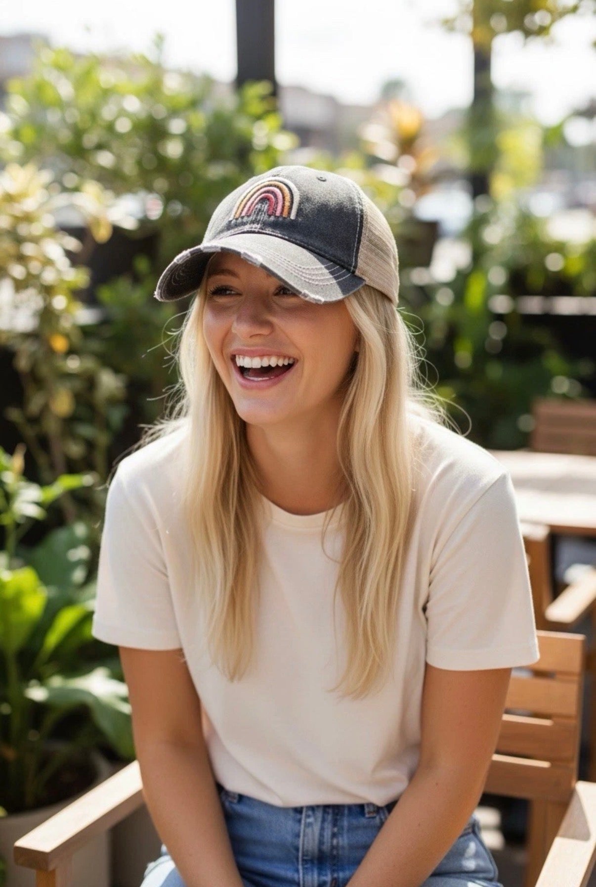 Distressed Black/White Trucker Hat Rainbow Adjustable SnapBack - Trucker Hats from LemonDrop•LimePop