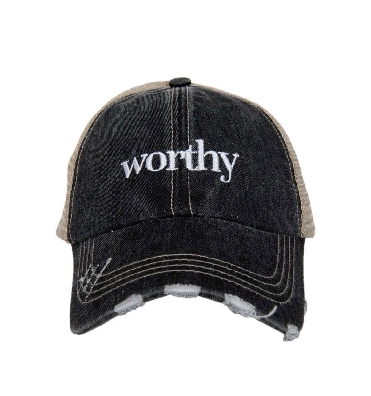 Distressed Black/White Trucker Hat “Worthy” Adjustable SnapBack