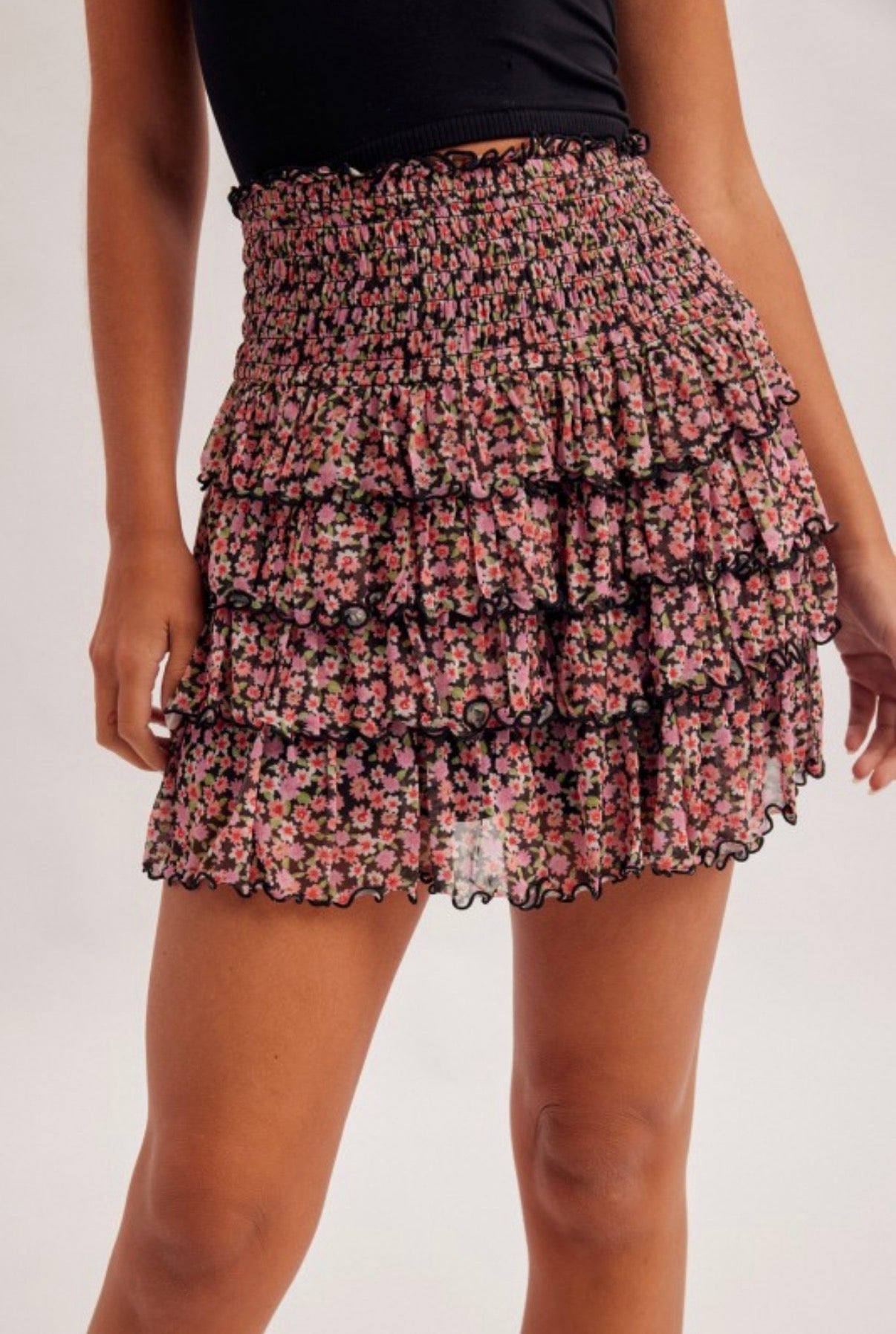 Ditsy Floral Print Mesh Tiered Mini Skirt - Skirts from LemonDrop•LimePop