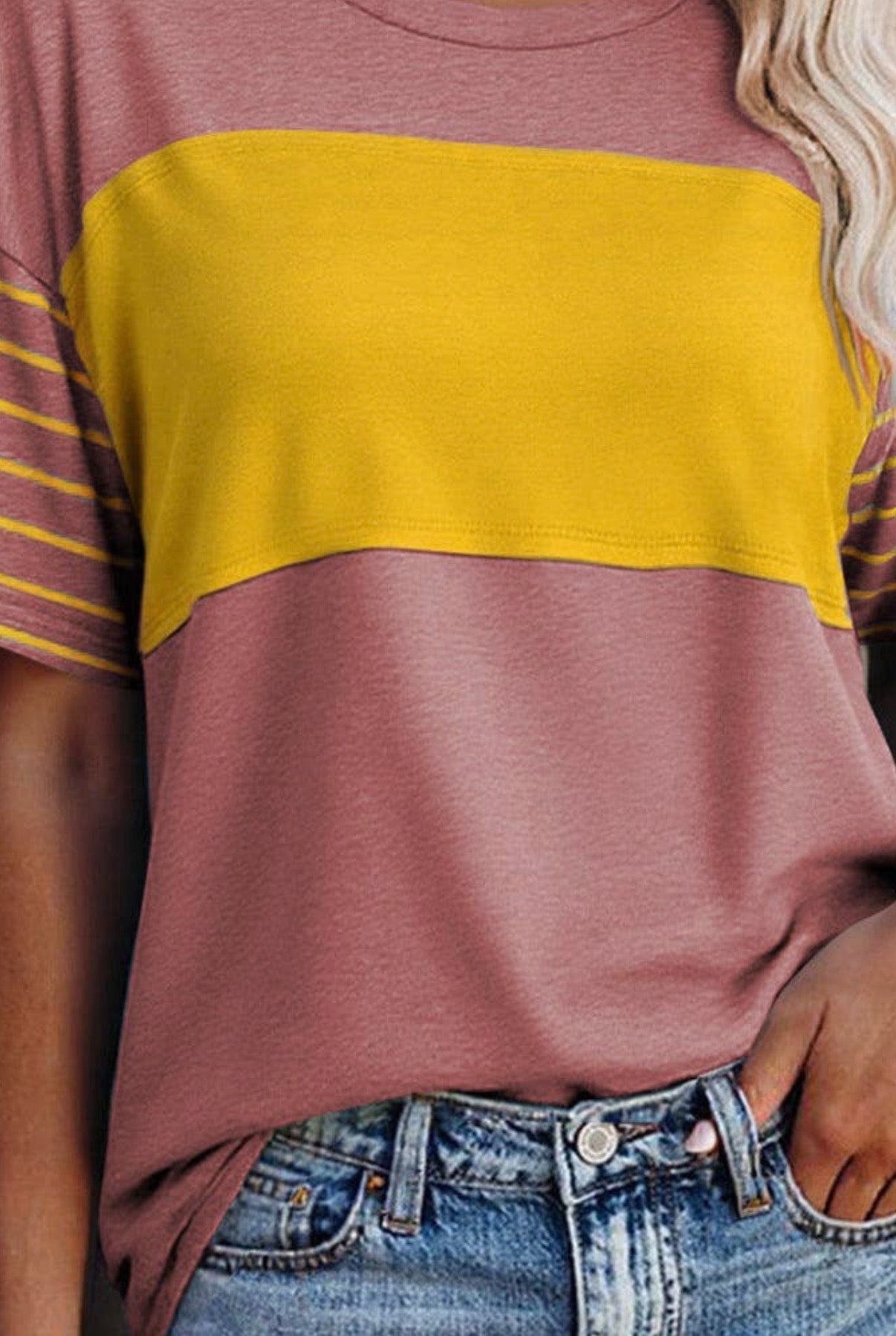 Red Dahlia Color Block Striped Detail Oversized Tee - T-Shirts from LemonDrop•LimePop