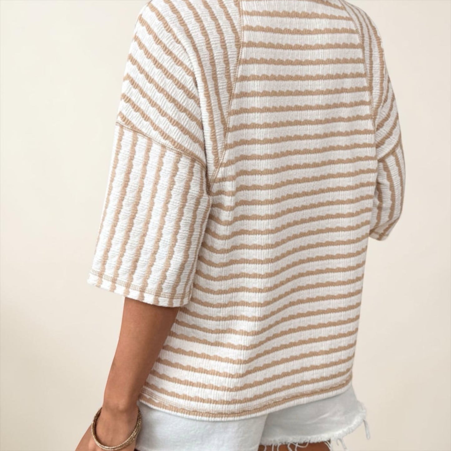 Noelle Textured Knit Top | Apricot Stripe Tee | Split Hem - T-Shirts from LemonDrop•LimePop