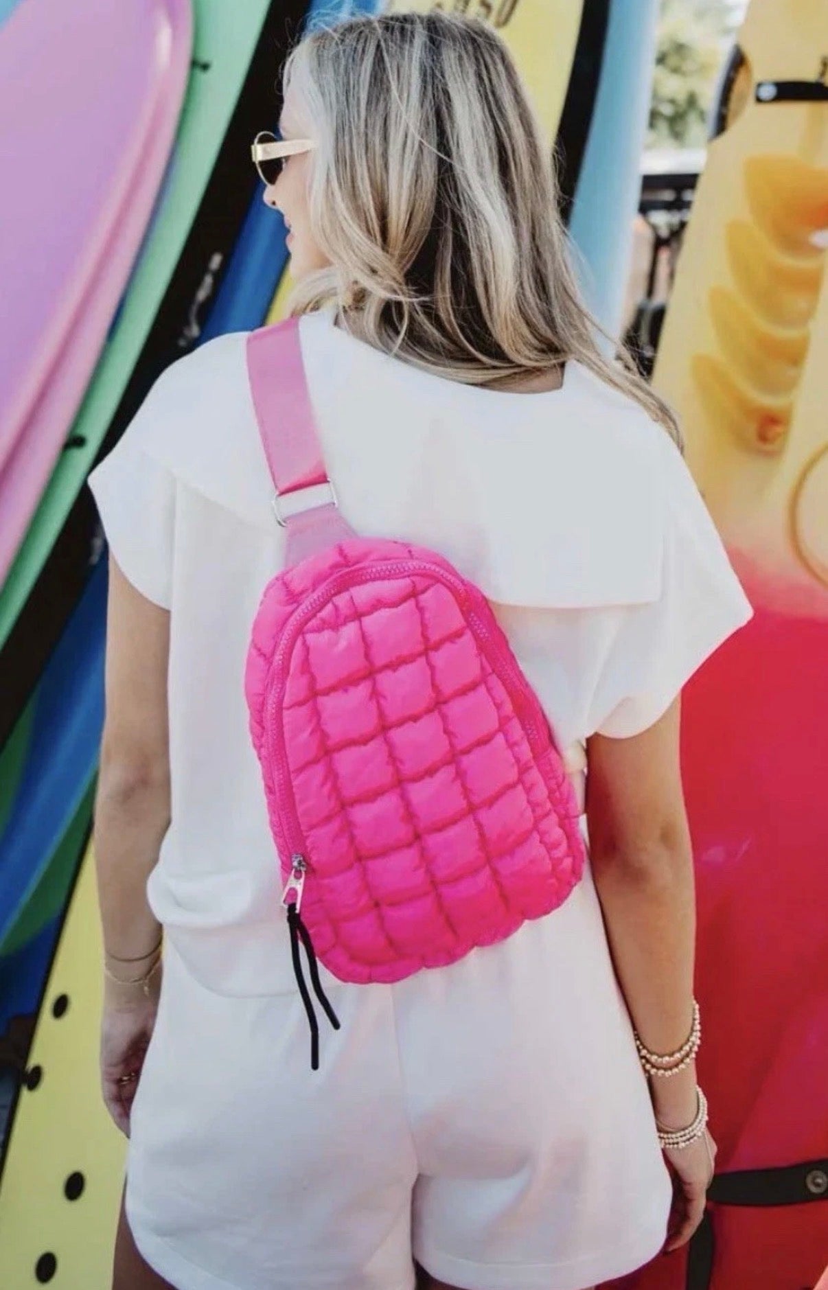 Hot Pink Quilted Puff Sling Belt Bag Adjustable Crossbody Strap