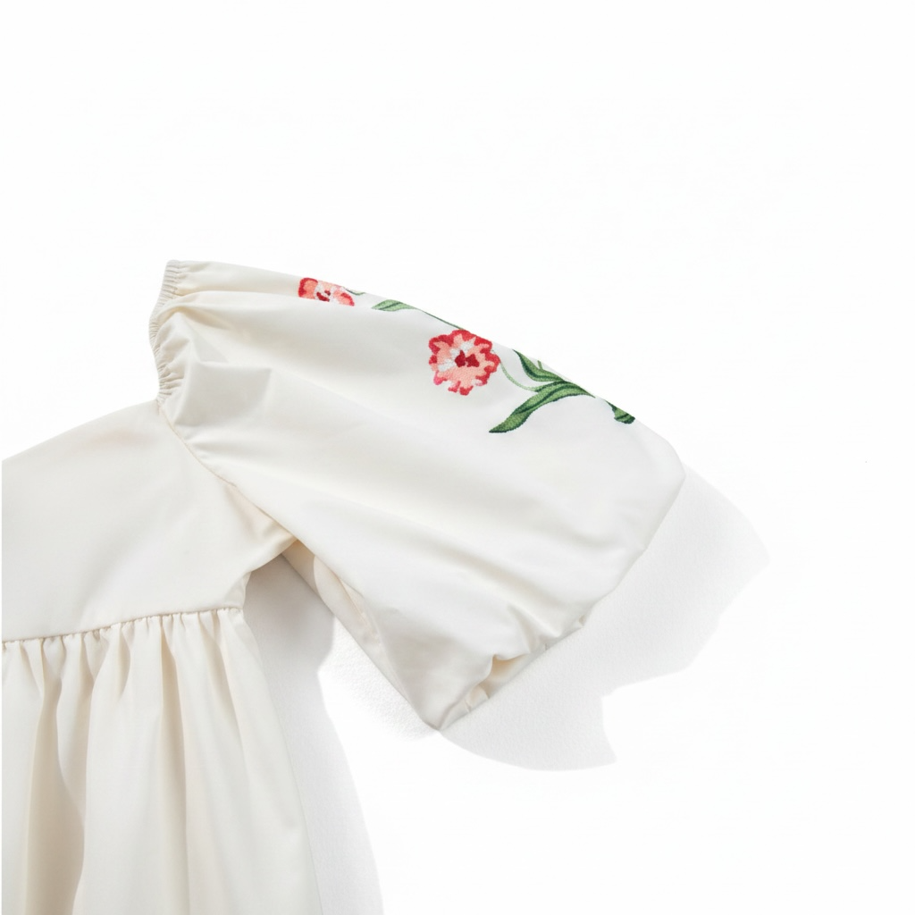 Beige puff sleeve with red floral embroidery on a floral print babydoll dress.