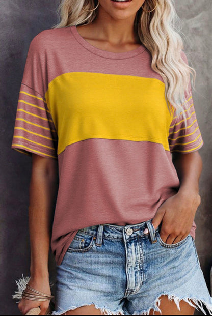 Red Dahlia Color Block Striped Detail Oversized Tee - T-Shirts from LemonDrop•LimePop
