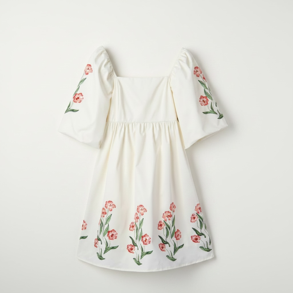 Beige floral print puff sleeve babydoll dress with pink flowers and green leaves.