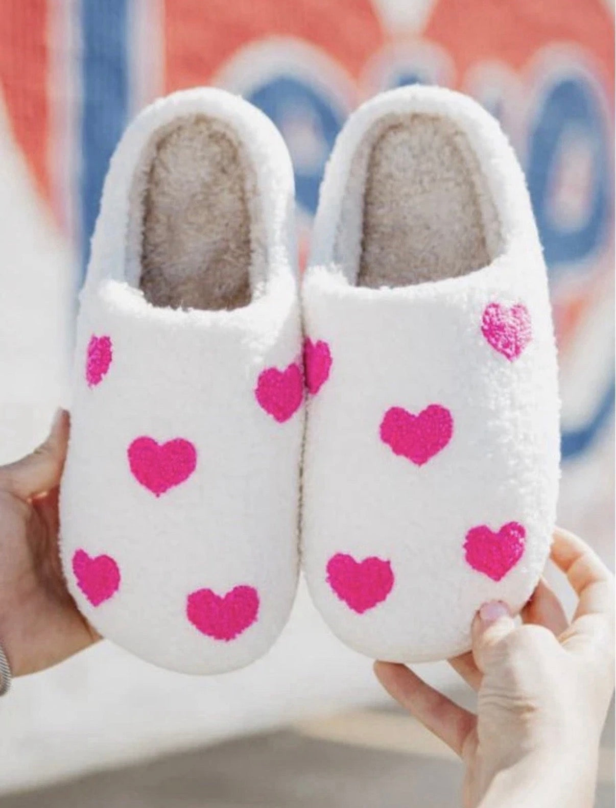 Soft Plush White And Pink Heart Slippers