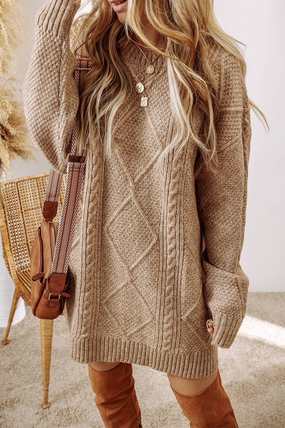 LDC Cable Knit Drop Shoulder Loose Fit Sweater Dress: Parchment / S - from Little Daisy Closet
