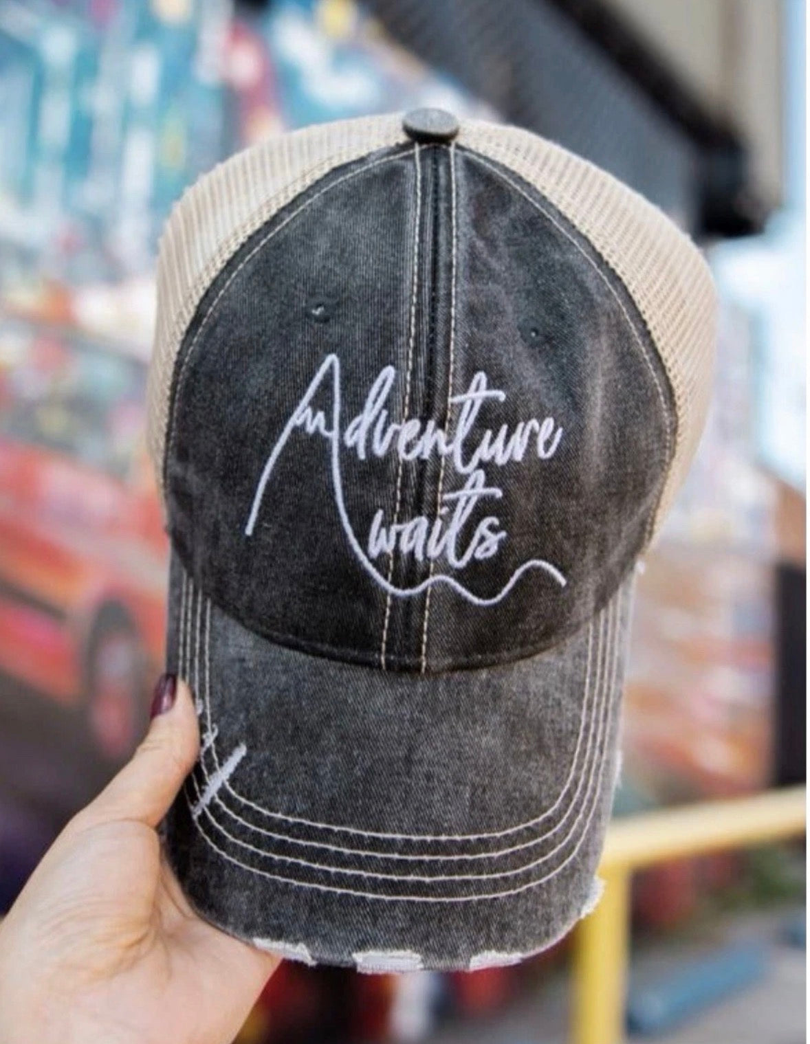 Distressed Black/White Trucker Hat “Adventure Awaits” Adjustable Snapback