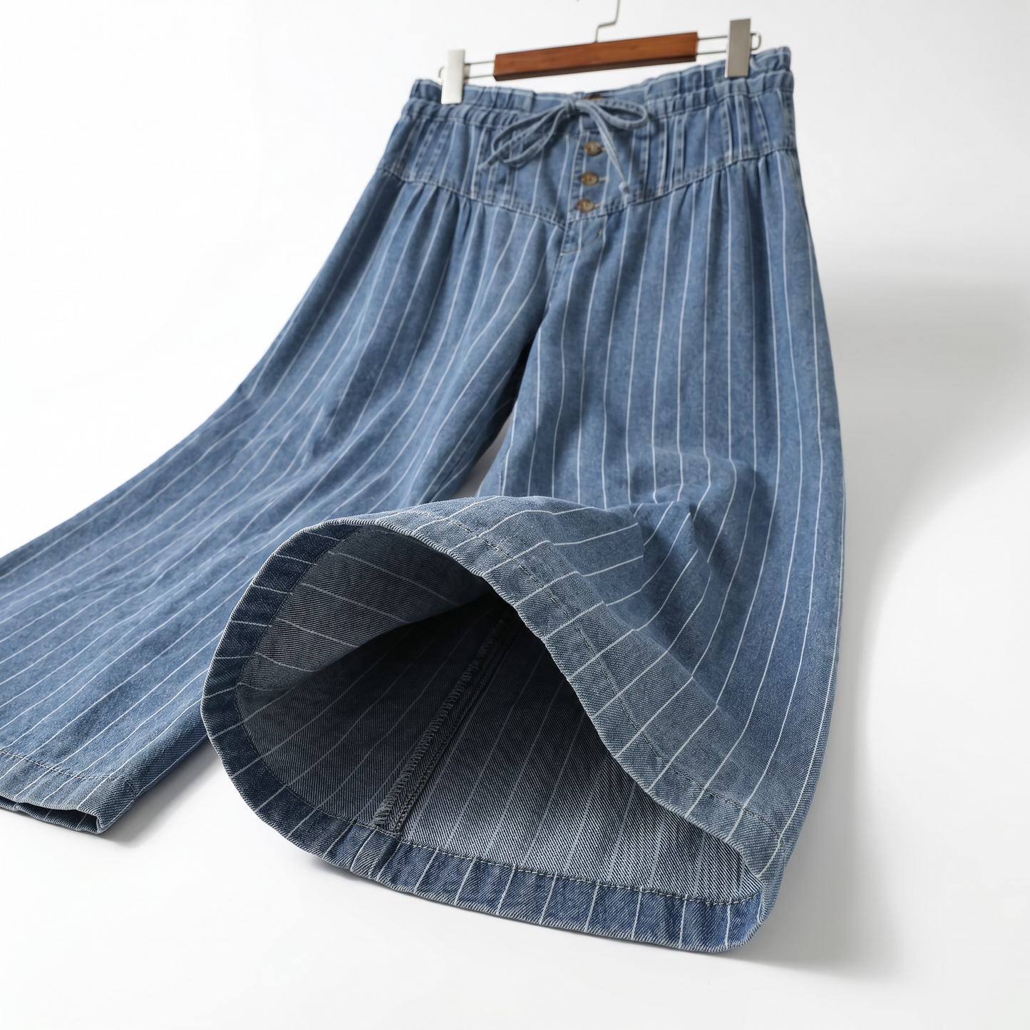 Sky Blue Stripe Wide Leg Pleated Jeans | Button Trousers - Jeans from LemonDrop•LimePop