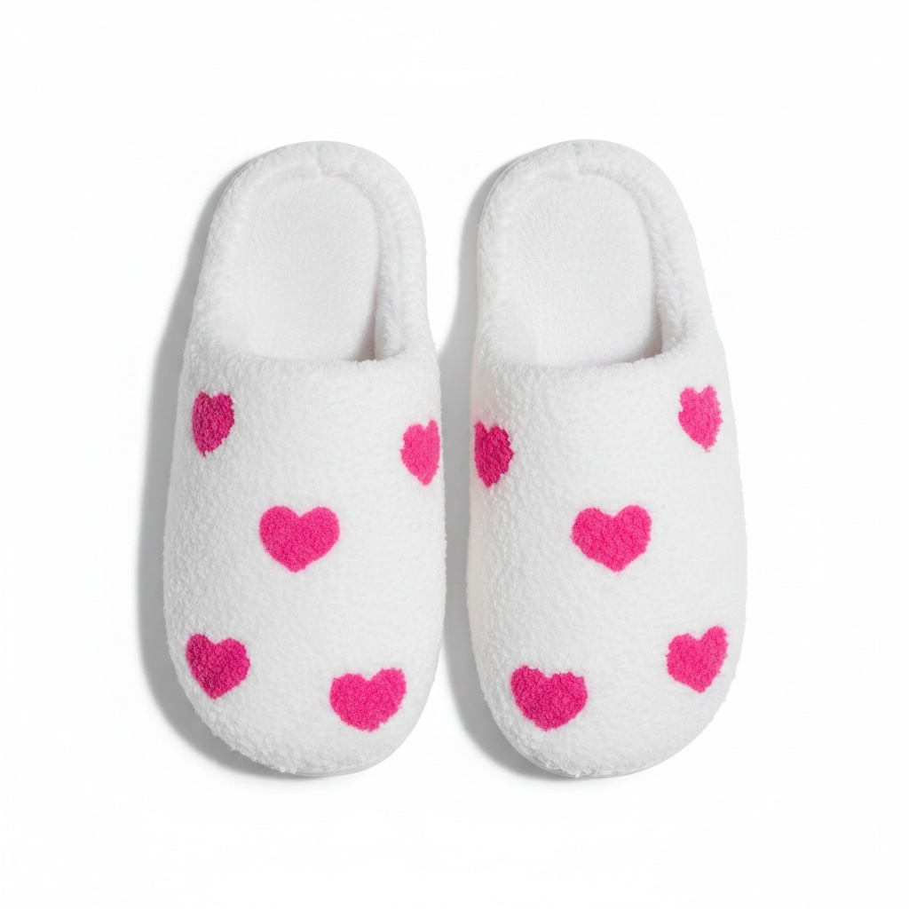 Soft Plush White And Pink Heart Slippers