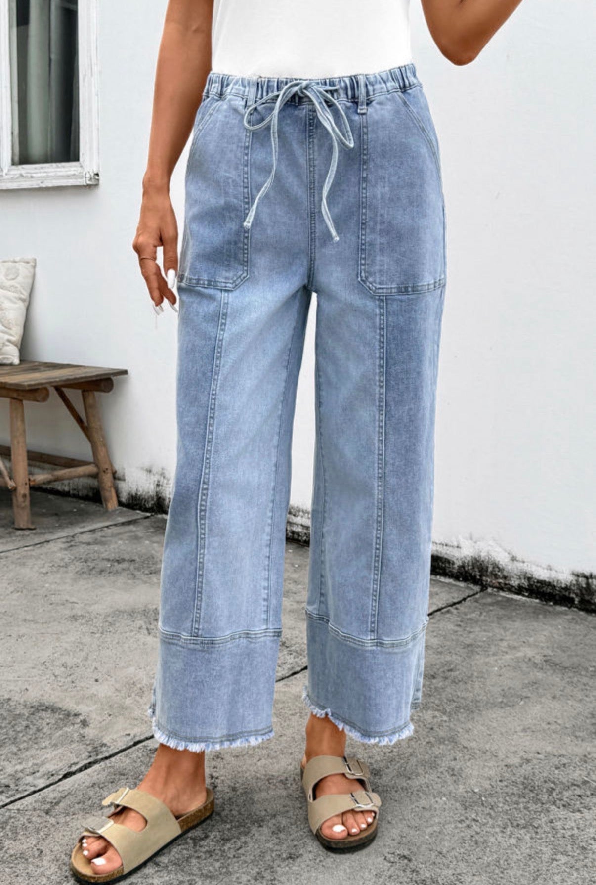 Beau Blue Drawstring Seam Detail Raw Hem Wide Leg Denim Pants - Jeans from LemonDrop•LimePop