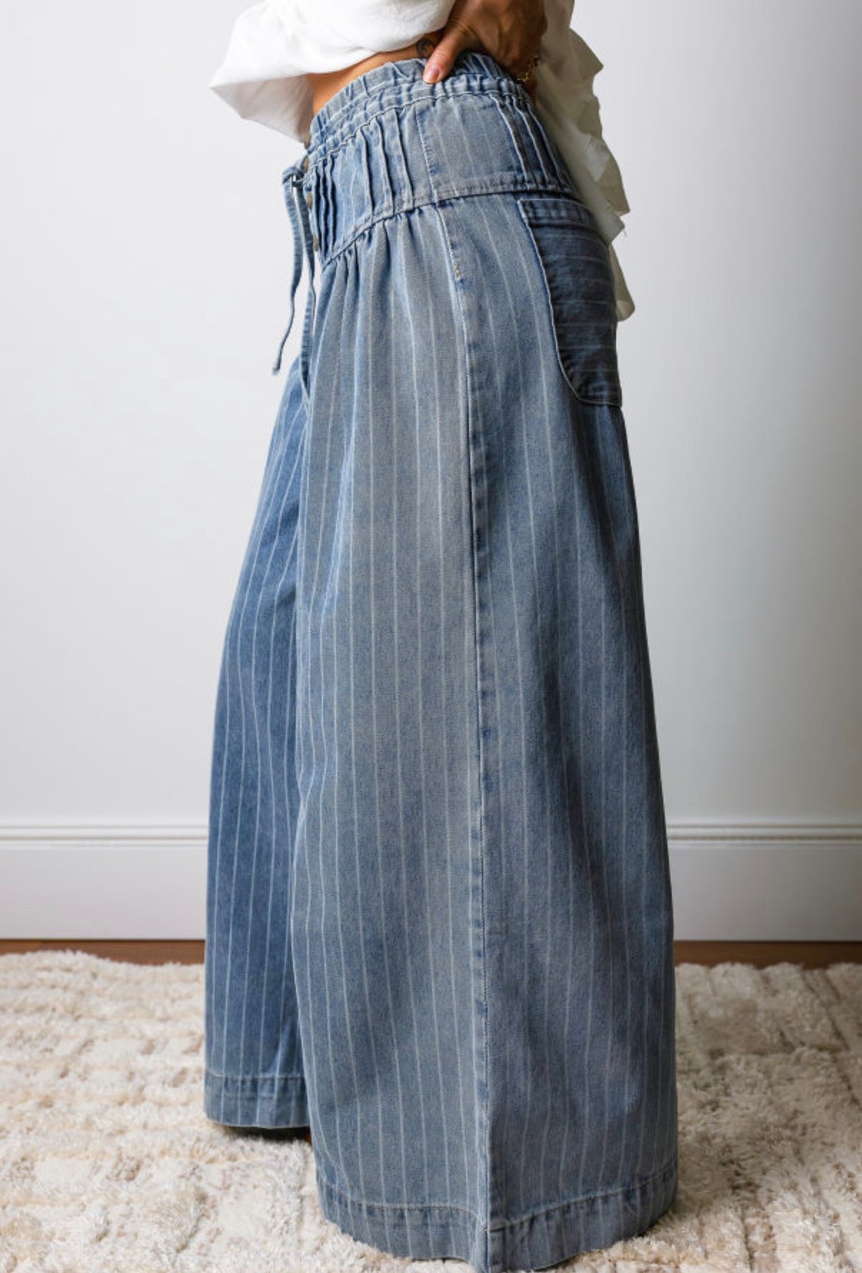 Sky Blue Stripe Wide Leg Pleated Jeans | Button Trousers - Jeans from LemonDrop•LimePop