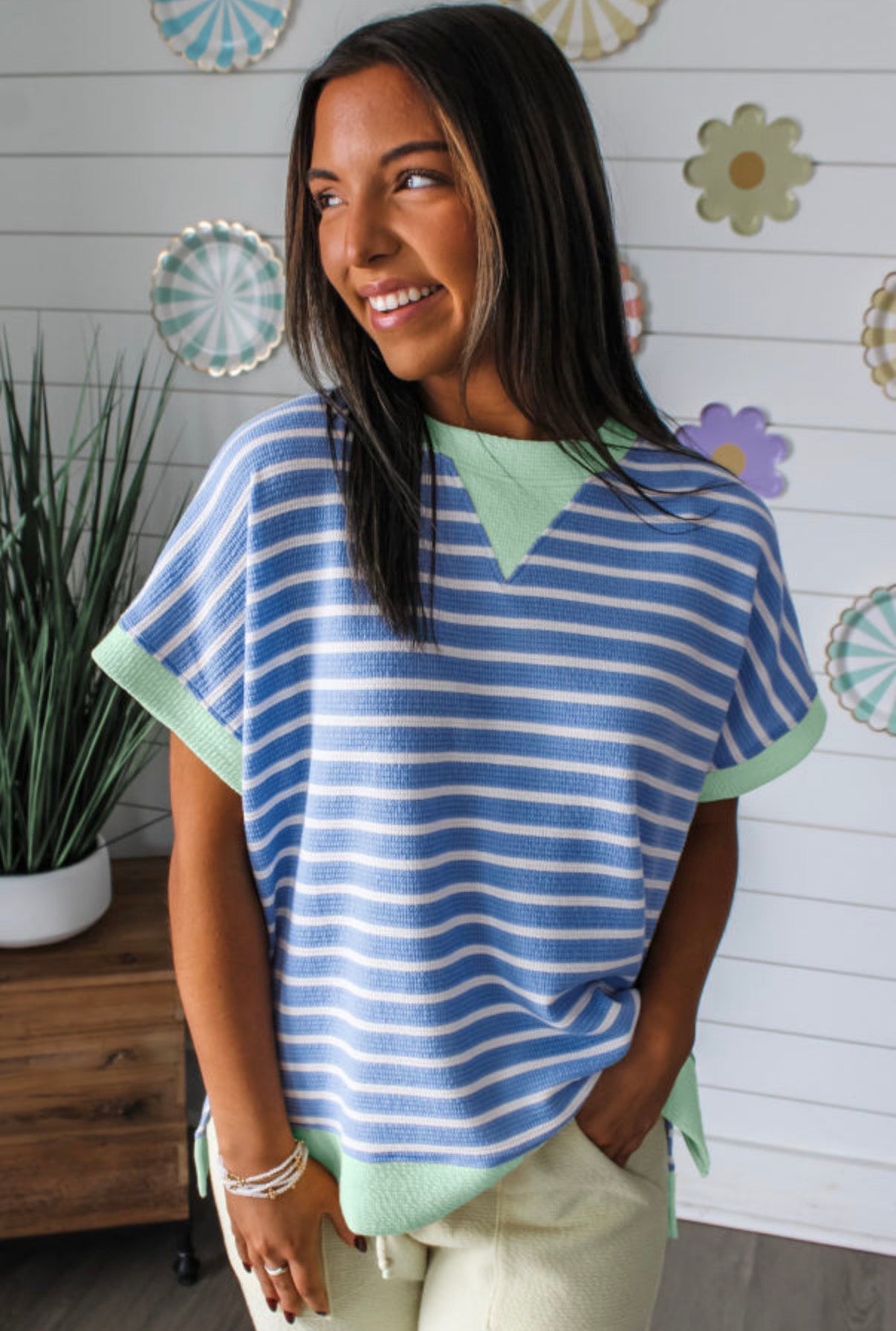 Blue Striped Contrast Trim Loose Short Sleeve Top - Clothing Tops from LemonDrop•LimePop