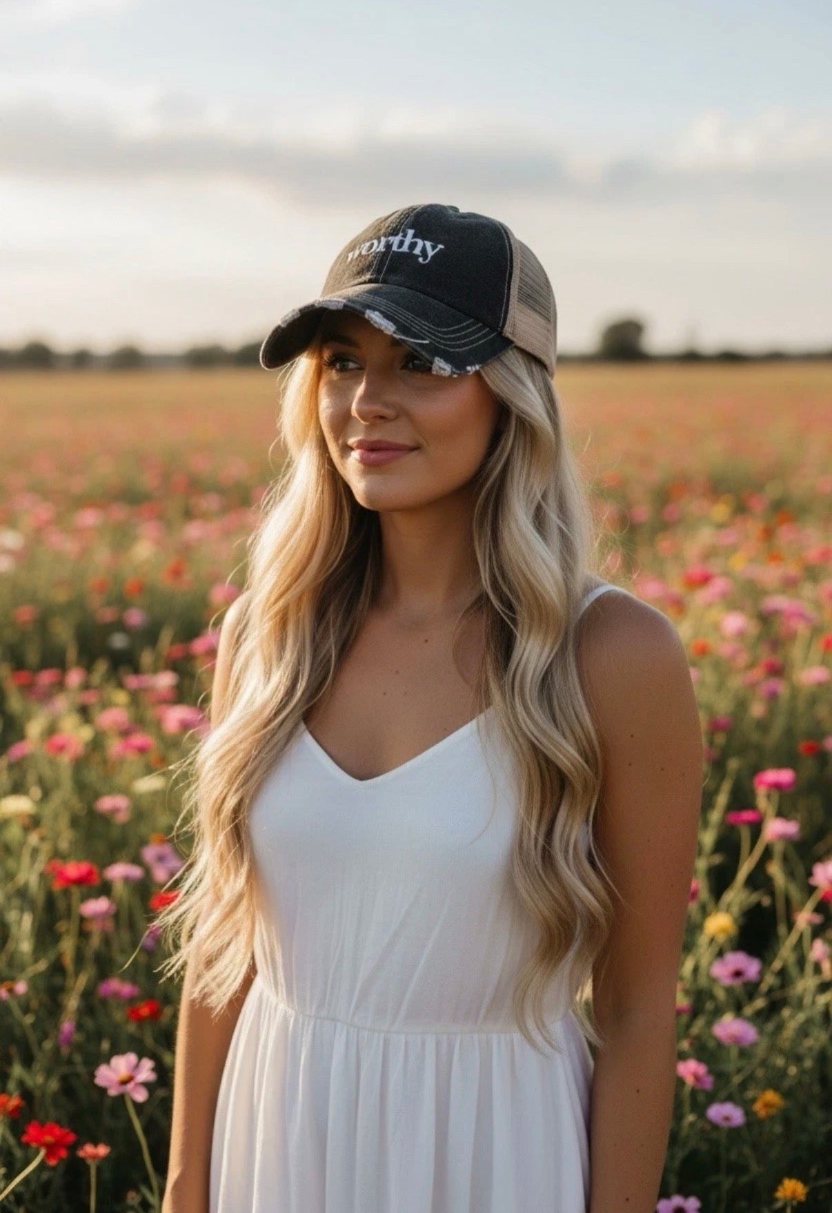 Distressed Black/White Trucker Hat “Worthy” Adjustable SnapBack