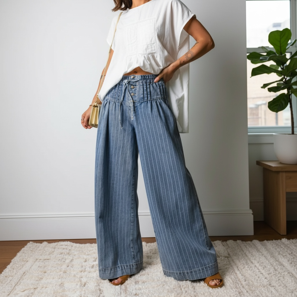 Sky Blue Stripe Wide Leg Pleated Jeans | Button Trousers - Jeans from LemonDrop•LimePop