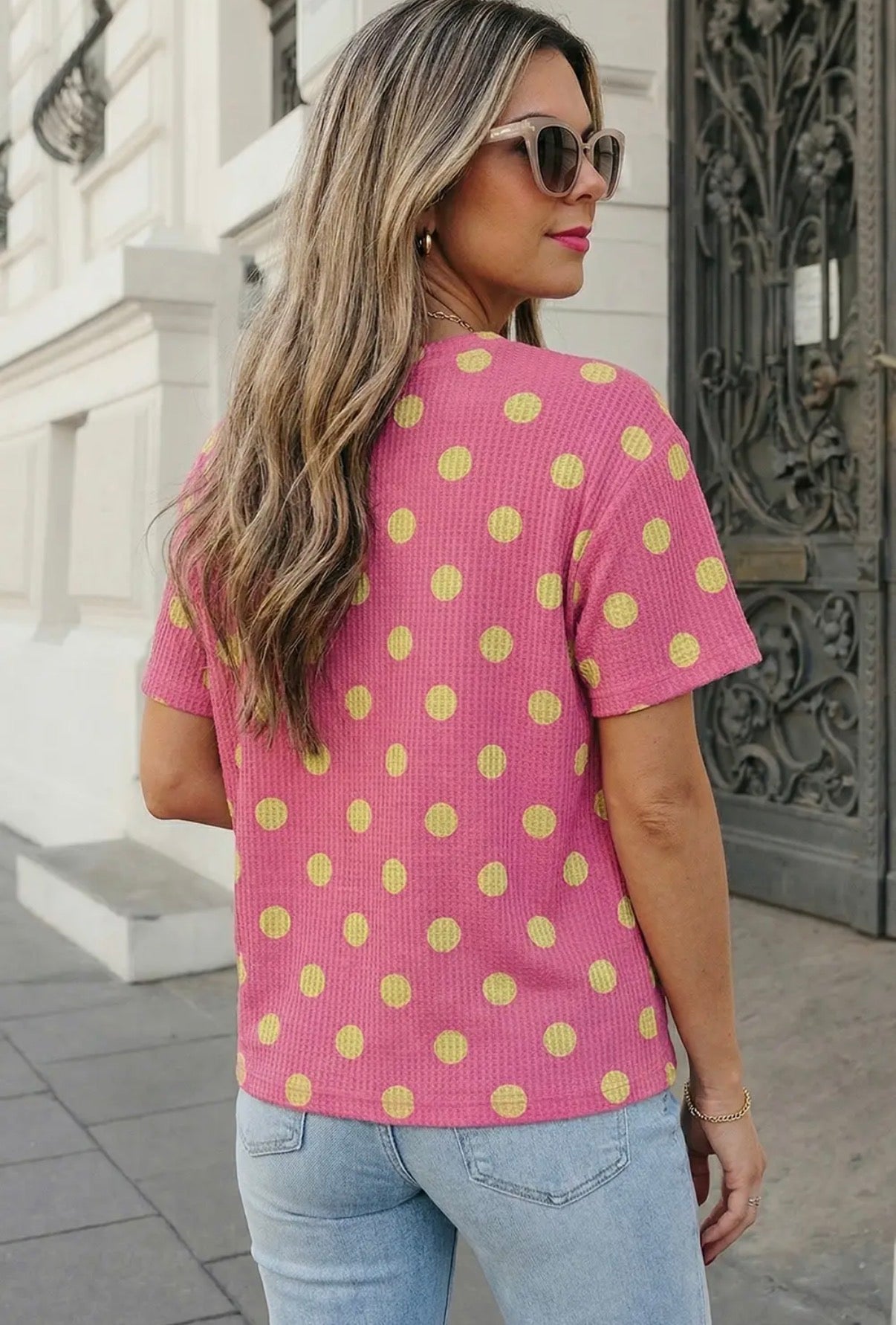 Pink Polka Dot Patch Pocket Twisted Ribbed Top