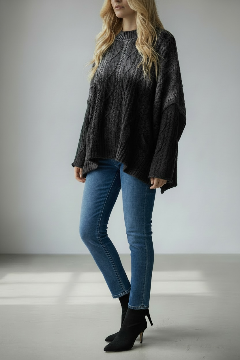 Women’s Cable Knit Sweater Black Ombré Relaxed Fit