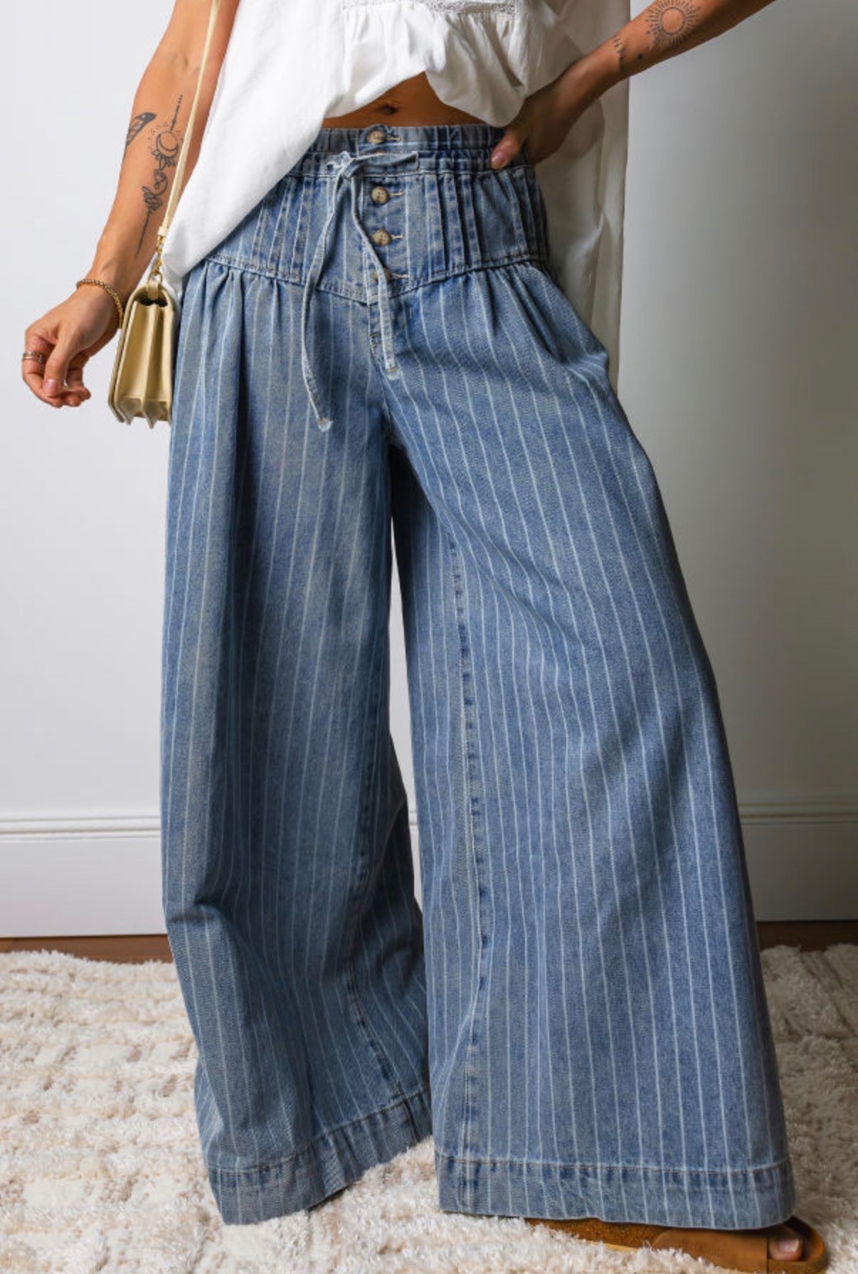 Sky Blue Stripe Wide Leg Pleated Jeans | Button Trousers - Jeans from LemonDrop•LimePop