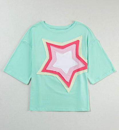 Color-block Star Patched Half Sleeve Oversized Tee - T-Shirts from LemonDrop•LimePop