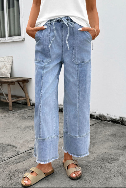 Beau Blue Drawstring Seam Detail Raw Hem Wide Leg Denim Pants - Jeans from LemonDrop•LimePop