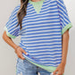Blue Striped Contrast Trim Loose Short Sleeve Top - Clothing Tops from LemonDrop•LimePop