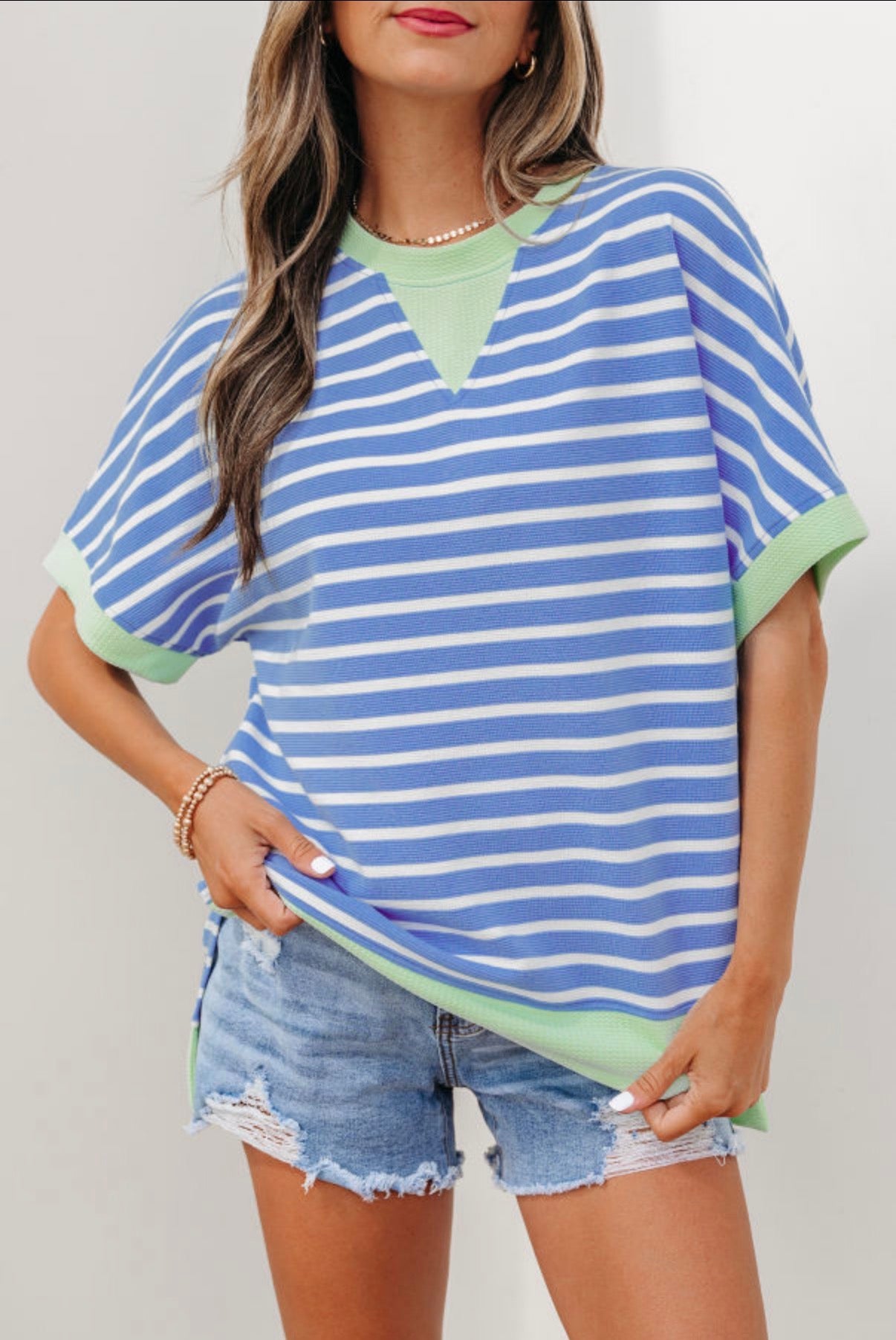 Blue Striped Contrast Trim Loose Short Sleeve Top - Clothing Tops from LemonDrop•LimePop