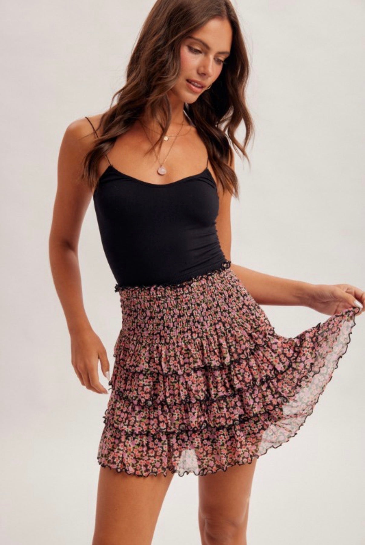 Ditsy Floral Print Mesh Tiered Mini Skirt - Skirts from LemonDrop•LimePop