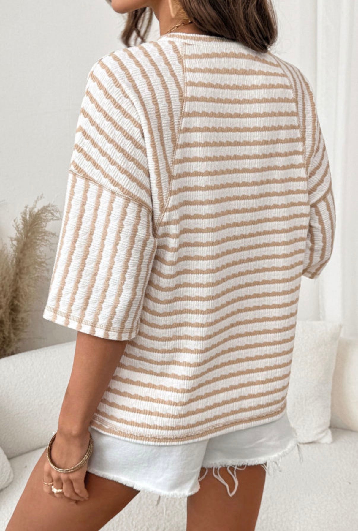 Noelle Textured Knit Top | Apricot Stripe Tee | Split Hem - T-Shirts from LemonDrop•LimePop