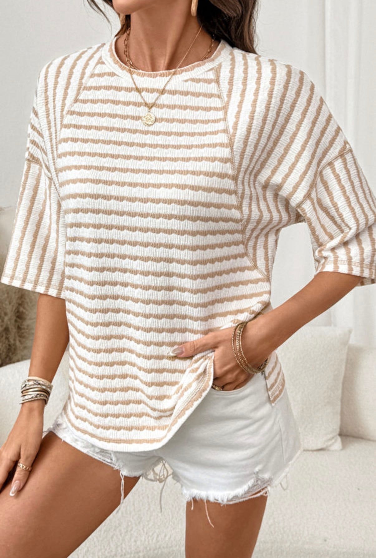 Noelle Textured Knit Top | Apricot Stripe Tee | Split Hem - T-Shirts from LemonDrop•LimePop