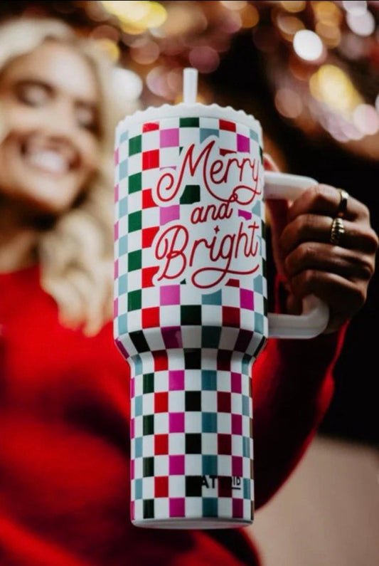 Merry & Bright Checkered Holiday Stainless Steel Tumbler 38 Oz