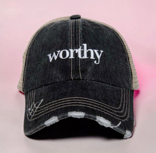 Distressed Black/White Trucker Hat “Worthy” Adjustable SnapBack