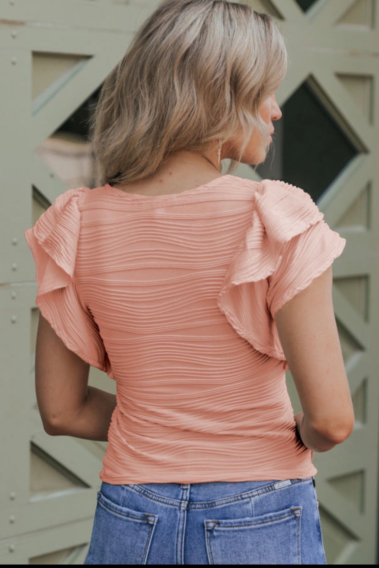 Apricot Pink Wavy Textured Ruffled Sleeve Top - Blouses from LemonDrop•LimePop
