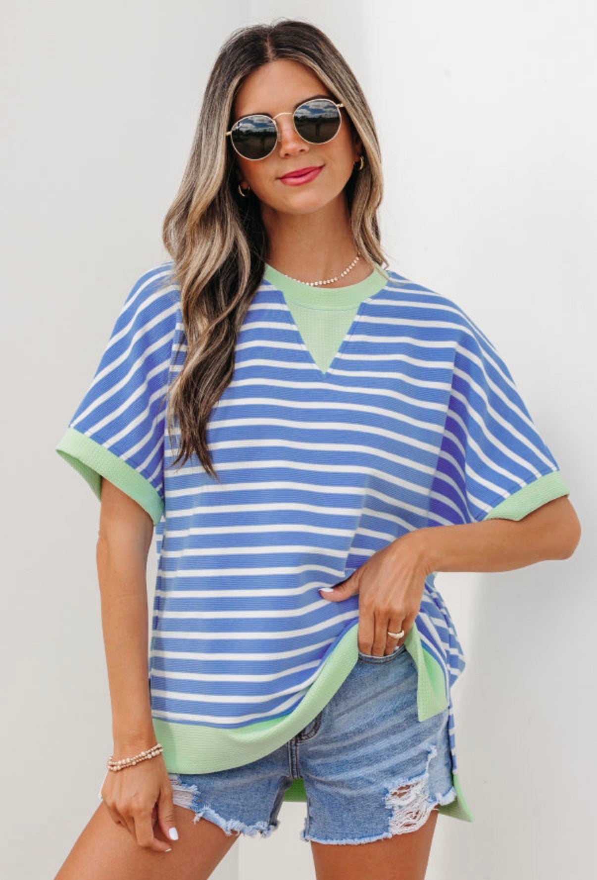 Blue Striped Contrast Trim Loose Short Sleeve Top - Clothing Tops from LemonDrop•LimePop