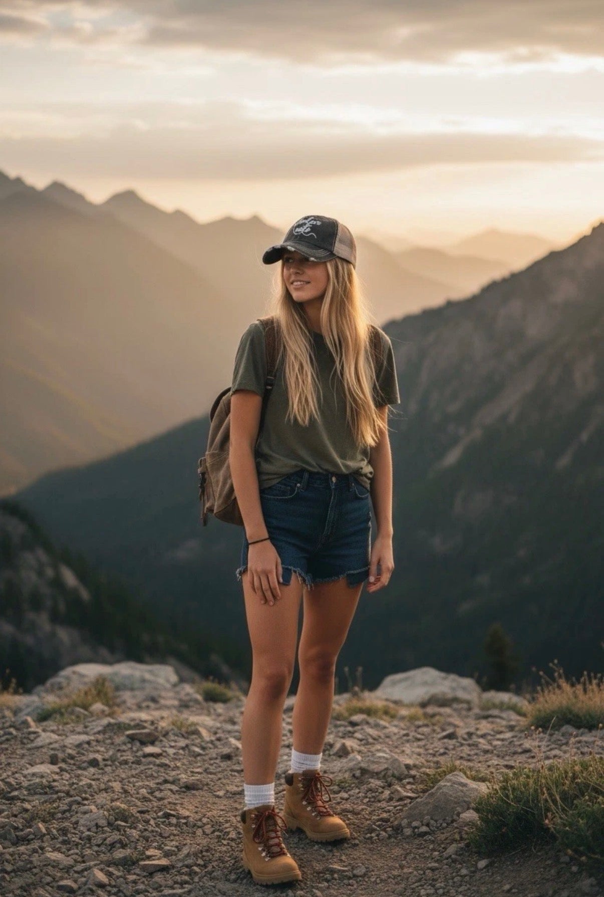 Distressed Black/White Trucker Hat “Adventure Awaits” Adjustable Snapback