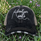 Distressed Black/White Trucker Hat “Adventure Awaits” Adjustable Snapback - Trucker Hats from LemonDrop•LimePop