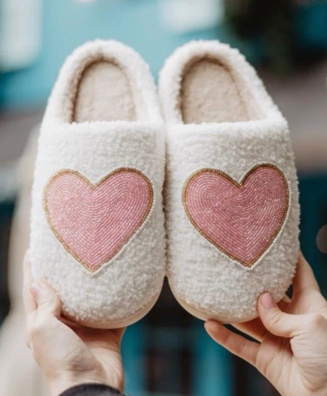 Women’s Beaded Pink/Gold Heart Slippers-Charmed Elegance