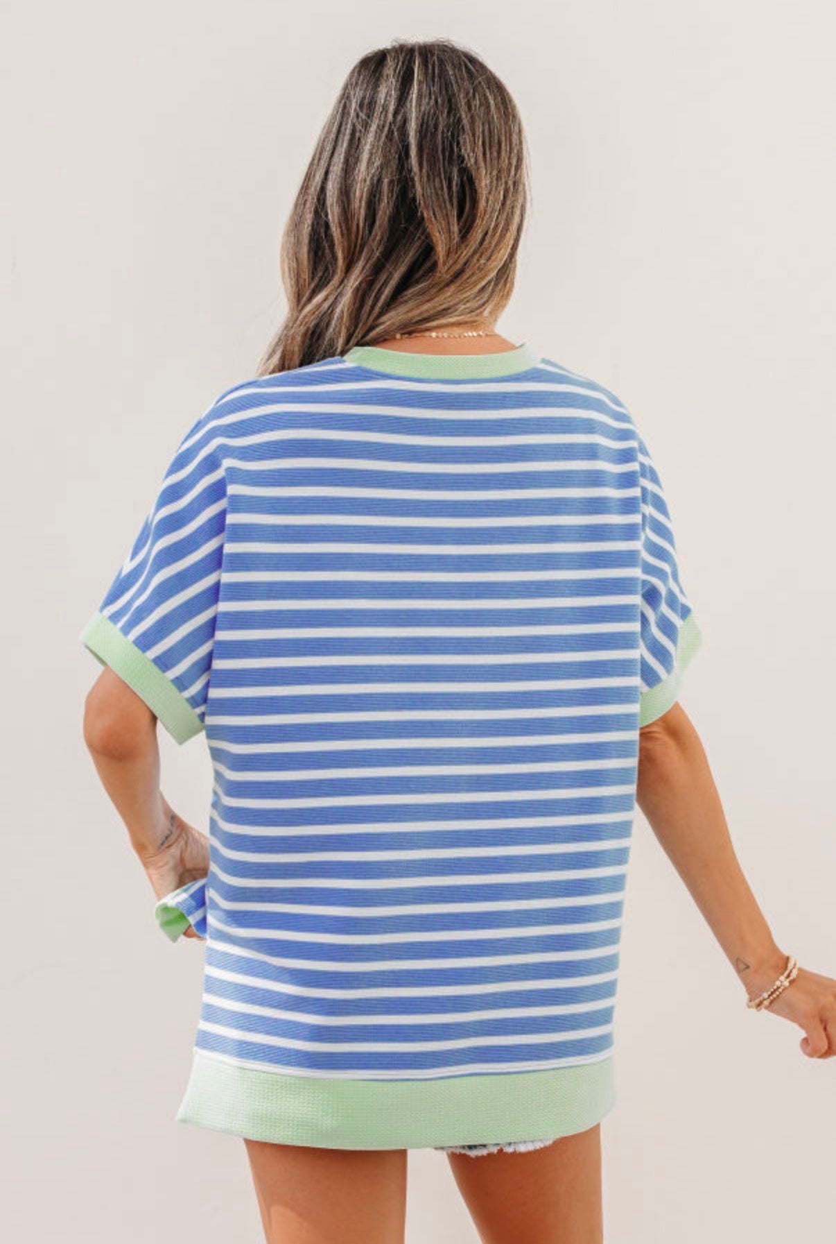 Blue Striped Contrast Trim Loose Short Sleeve Top - Clothing Tops from LemonDrop•LimePop
