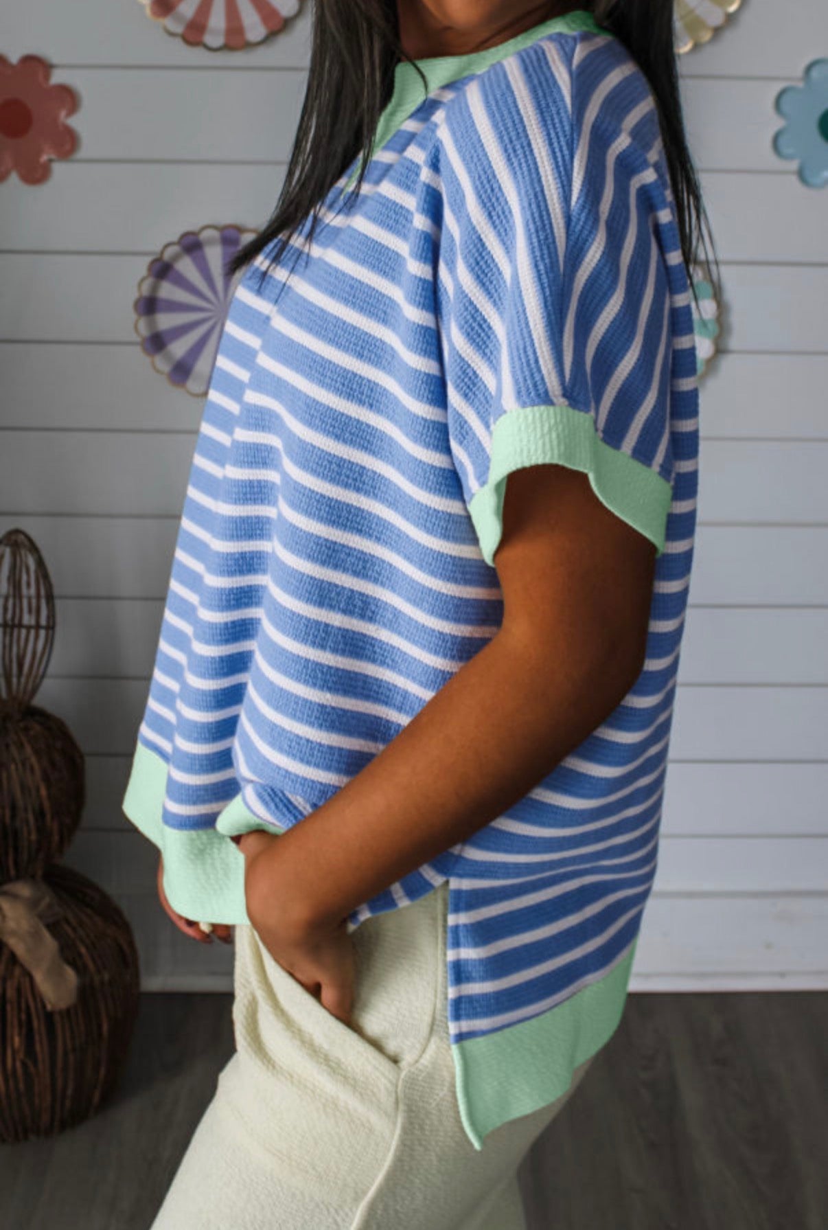 Blue Striped Contrast Trim Loose Short Sleeve Top - Clothing Tops from LemonDrop•LimePop